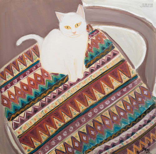 崔博雅 花垫子和猫 布面油画