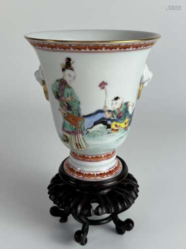 A elgant famille rose highfooted cup, marked, Qing Dynasty P...