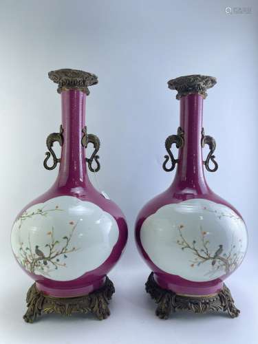 A pair of famille rose vases, QianLong Mark.