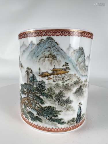 A fine and heavyly painted brush pot.