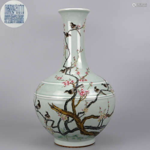 A CELADON-GLAZED FAMILLE ROSE HI QUE DENG MEI VASE