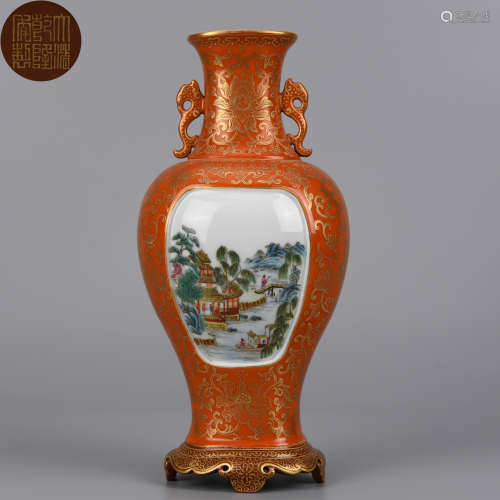 AN GILT RED GROUND FAMILLE ROSE LANDSCAPE DOUBLE-EARED VASE