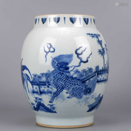 A BLUE AND WHITE KYLIN LOTUS JAR