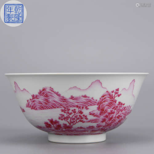 A CARMINE RED ENAMEL LANDSCAPE BOWL