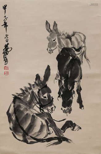 A CHINESE PAINTING OF STANDING SCROLL OF THREE DONKEYS, MARK...