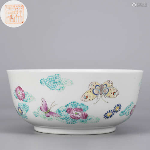 A FAMILLE ROSE BUTTERFLY AND FLOWERS GARDEN STOOL TYPE BOWL