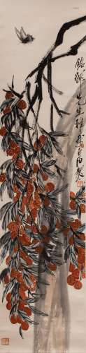 A CHINESE PAINTING OF STANDING SCROLL OF LYCHEE AND BUTTERFL...