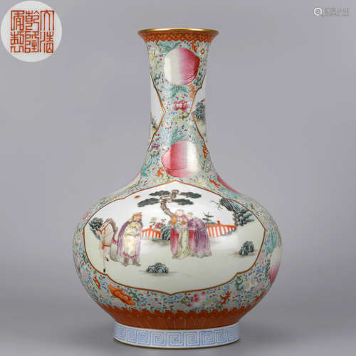 A FAMILLE ROSE FLOWER FIGURAL NINE PEACH VASE