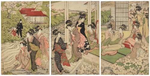 KITAGAWA UTAMARO (1754-1806) Cherry blossom viewings by a ri...