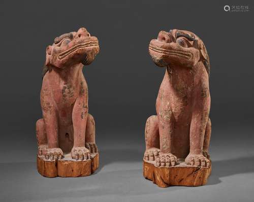 A PAIR OF WOOD SCULPTURES OF LIONS JOSEON DYNASTY (16TH-19TH...