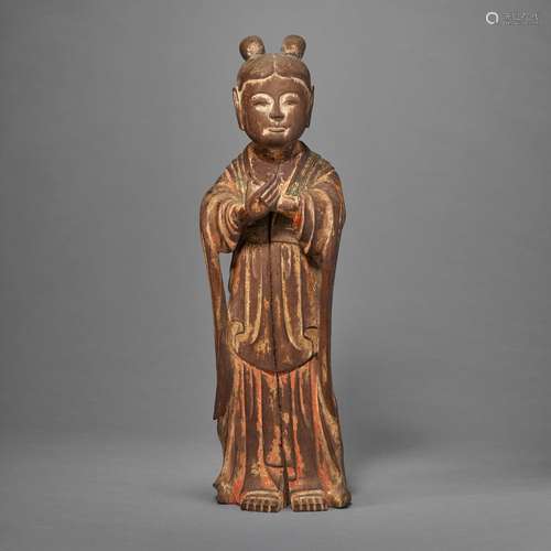 A POLYCHROME WOOD SCULPTURE OF AN ATTENDANT FIGURE ( DONGJA ...