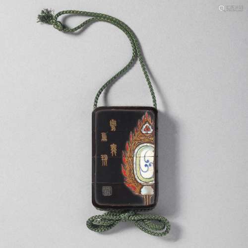 A LACQUER THREE-CASE INRO INLAID WITH CERMIC AND MOTHER-OF-P...