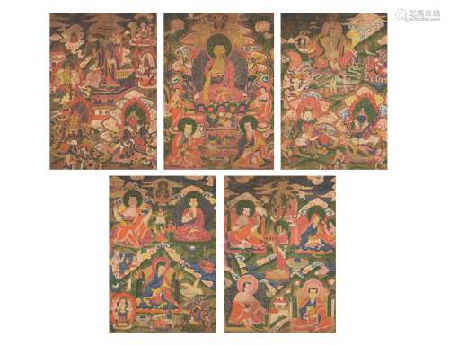 A SET OF FIVE PAINTINGS FROM AN ARHAT SET TIBET, 19TH-EARLY ...