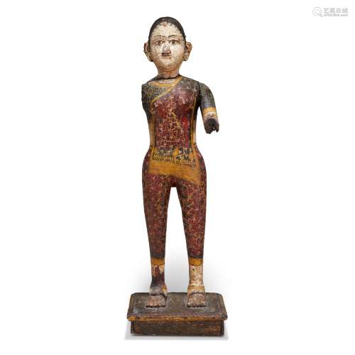 A PAINTED WOOD FIGURE OF A LADY INDIA, GUJARAT, 19TH CENTURY