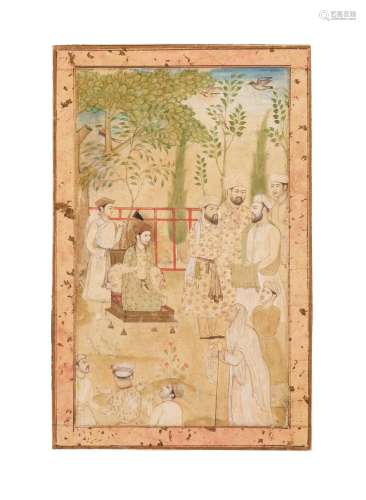 A PAINTING OF A PRINCE WITH ATTENDANTS INDIA, MUGHAL, 17TH C...