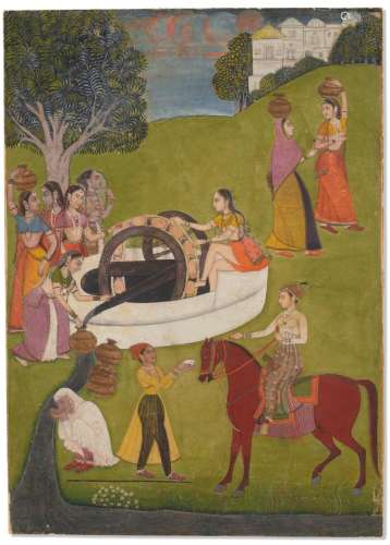 A PAINTING OF A PRINCE VISITING A WELL INDIA, PROVINCIAL MUG...