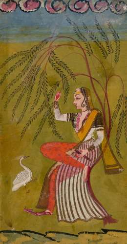 A PAINTING OF A LADY WITH A CRANE INDIA, RAJASTHAN, BIKANER,...