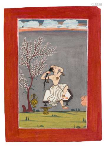 A PAINTING OF A LADY SEATED ON A STOOL INDIA, RAJASTHAN, BUD...