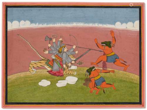 A PAINTING FROM A DEVI MAHATMYA SERIES: DURGA SLAYING SUMBHA...