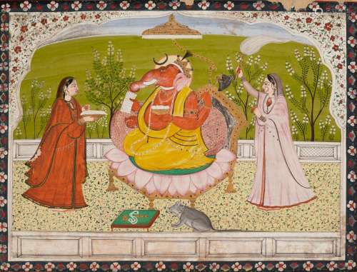 A PAINTING OF GANESHA WITH RIDDHI AND SIDDHI INDIA, PUNJAB H...