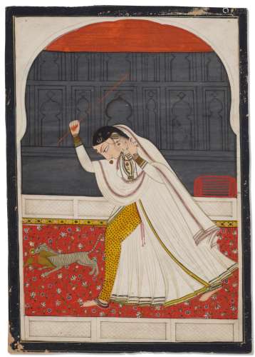 A PAINTING OF A WOMAN CHASING A CAT THIEF INDIA, PUNJAB HILL...