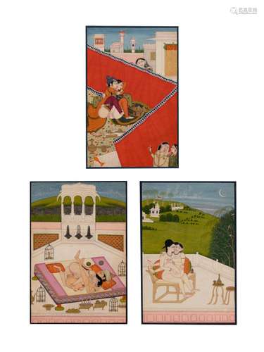 A GROUP OF THREE EROTIC PAINTINGS INDIA, PUNJAB HILLS, KANGR...