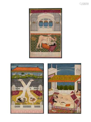 A GROUP OF THREE EROTIC PAINTINGS INDIA, PUNJAB HILLS KANGRA...