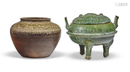 TWO GREEN-GLAZED POTTERY VESSELS.CHINA, HAN DYNASTY (206 BC-...