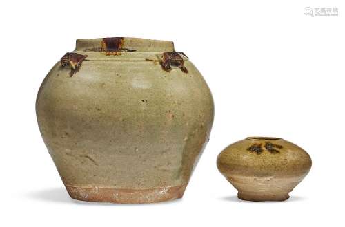 TWO SMALL GREEN-GLAZED JARS.CHINA, JIN-TANG DYNASTY (AD 265-...