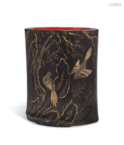 A GILT BLACK-LACQUERED BAMBOO BRUSH POT.CHINA, QING DYNASTY ...