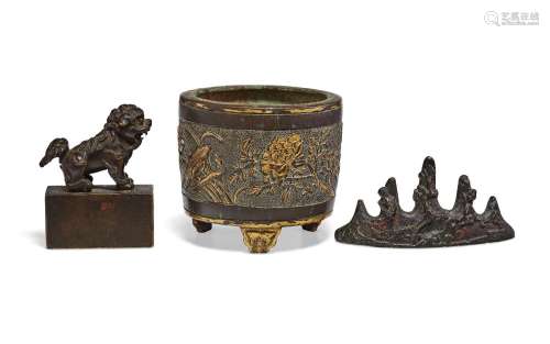 THREE BRONZE SCHOLAR’S OBJECTS.CHINA, QING DYNASTY (1644-191...