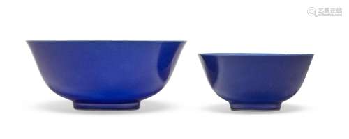TWO BLUE-GLAZED BOWLS  GUANGXU SIX-CHARACTER MARKS IN UNDERG...