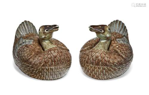 A PAIR OF UNUSUAL ENAMELED DUCK-FORM BOXES AND COVERS  DANRA...