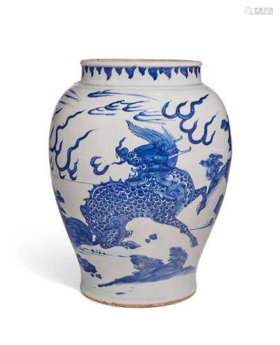 A LARGE BLUE AND WHITE `PHOENIX AND QILIN’ JAR  TRANSITIONAL...