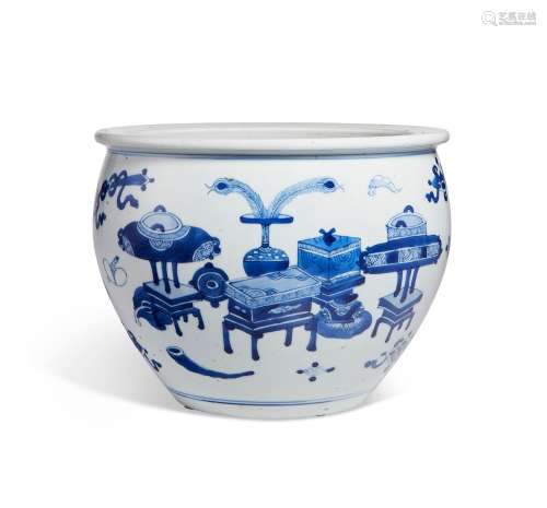 A BLUE AND WHITE `HUNDRED ANTIQUES' JARDINIÈRE  KANGXI PERIO...