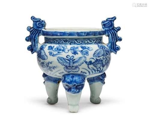 A BLUE AND WHITE `BUTTERFLY’ TRIPOD CENSER