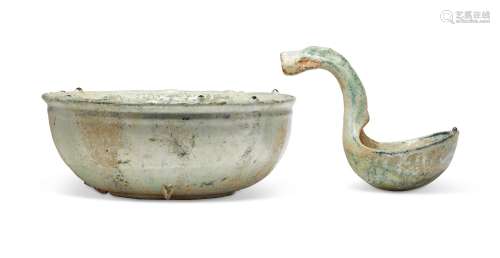 A GREEN-GLAZED POTTERY BOWL AND LADLE  HAN DYNASTY (206 BC-A...