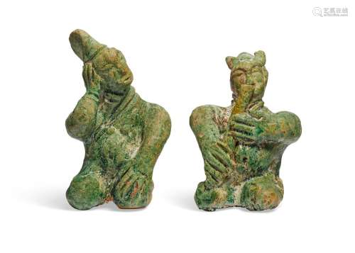 TWO SMALL GREEN-GLAZED POTTERY FIGURES OF ENTERTAINERS  HAN ...