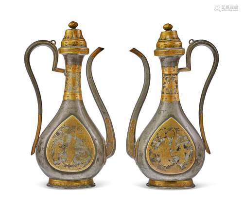 A PAIR OF COPPER-INLAID PEWTER EWERS AND COVERS  MING DYNAST...