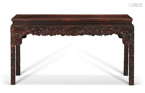 A CARVED HONGMU CORNER-LEG TABLE  19TH CENTURY