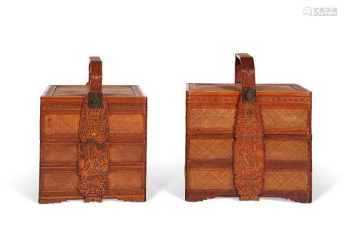 TWO BAMBOO THREE-TIERED PICNIC BOXES  LATE QING DYNASTY