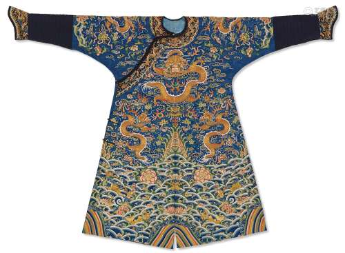 AN EMBROIDERED BLUE-GROUND `DRAGON’ ROBE, LONGPAO  LATE QING...