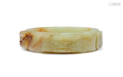 A YELLOW JADE ARCHAISTIC CYLINDRICAL CARVING