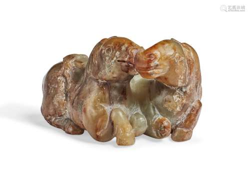 A GREY AND RUSSET JADE CARVING OF TWO HORSES  QING DYNASTY (...