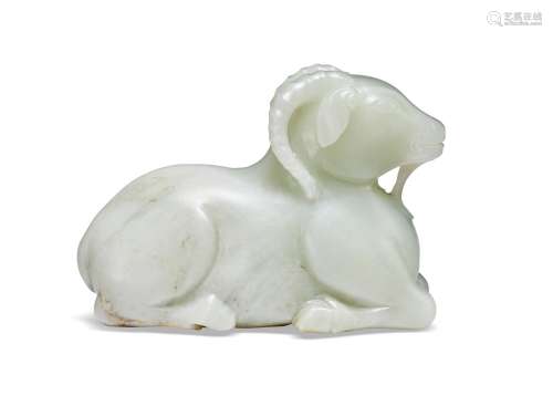 A WHITE JADE FIGURE OF A RECUMBENT RAM  QING DYNASTY OR LATE...