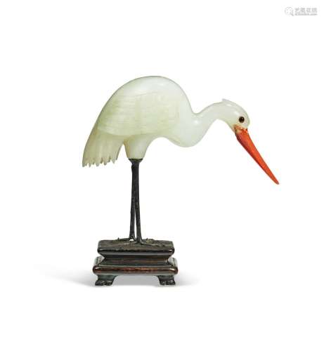 A WHITE JADE, PAINTED STONE AND METAL FIGURE OF A CRANE