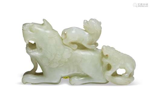 A GREENISH-WHITE JADE MYTHICAL BEAST-FORM VESSEL AND COVER