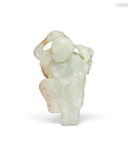 A GREENISH-WHITE AND RUSSET JADE FIGURE OF LIU HAI  QING DYN...