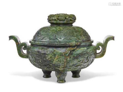 A SPINACH-GREEN JADE TRIPOD CENSER AND COVER  QIANLONG PERIO...