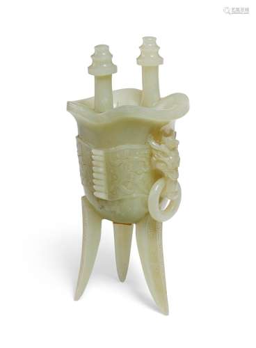 A PALE GREENISH-WHITE JADE TRIPOD JUE-FORM VESSEL  LATE QING...